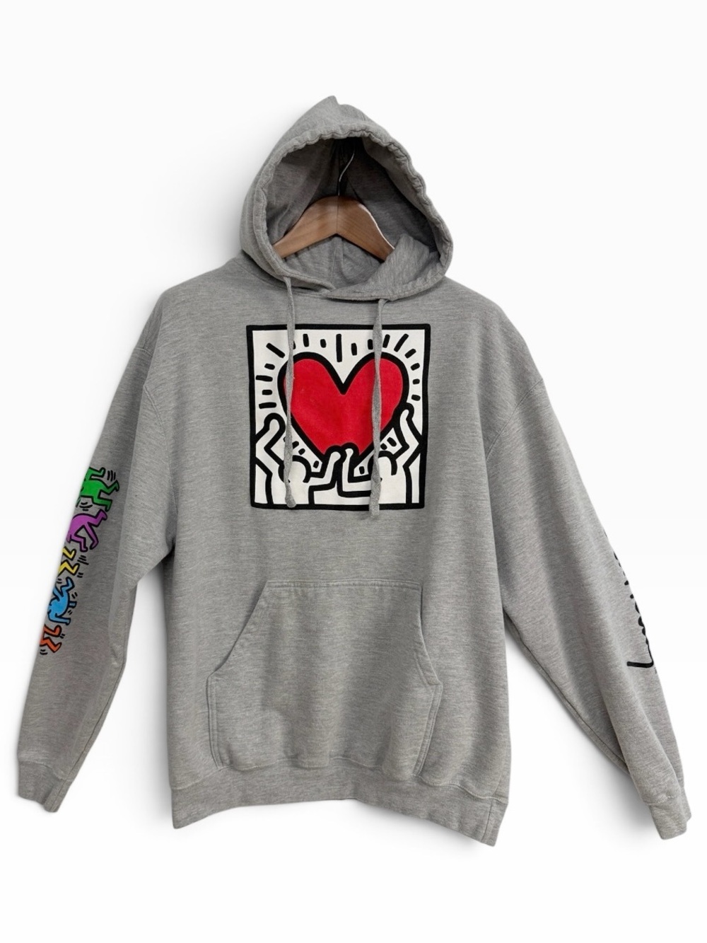 Keith Haring Red Heart Graphic Gray Pullover Hoodie Streetwear Unisex Large
